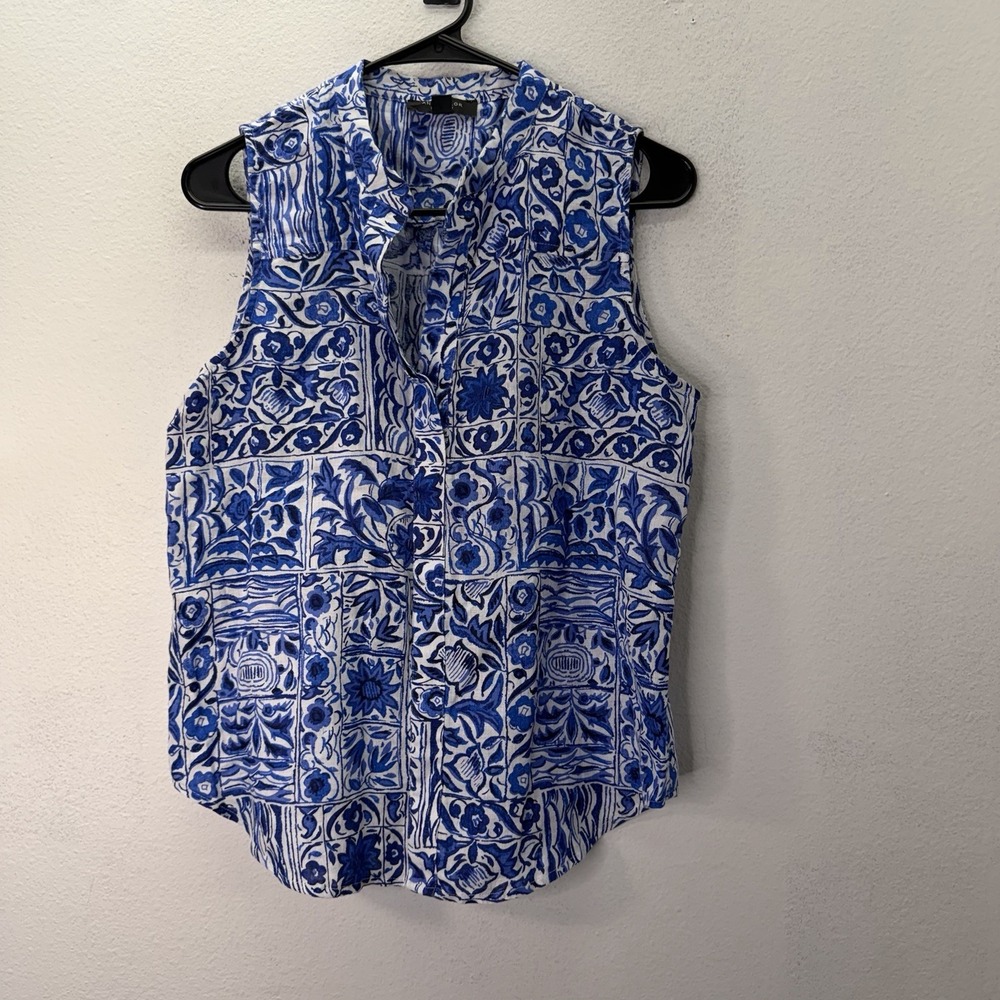 Ann Taylor Womens 100% Linen Boho Floral Resort Wear Button Down Tank Top Size S